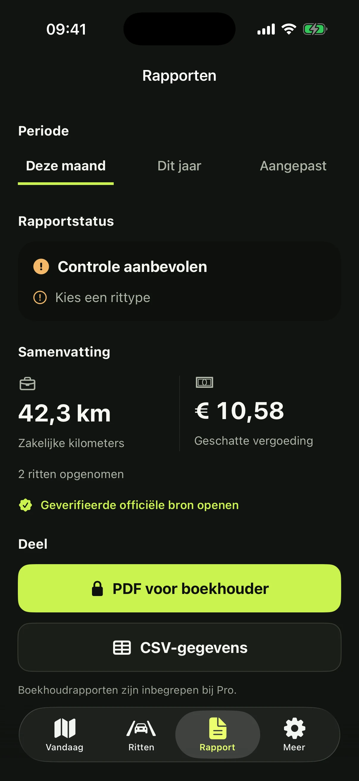 RouteVero rapportenscherm met zakelijke kilometers en PDF-export