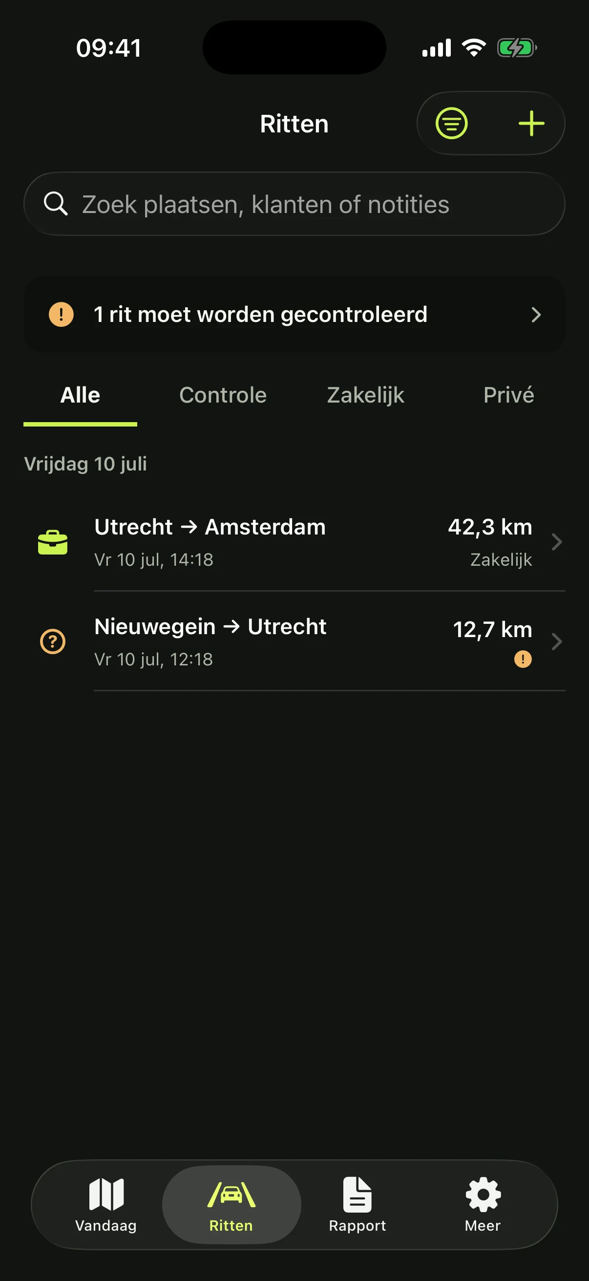 RouteVero rittenoverzicht met één rit die gecontroleerd moet worden