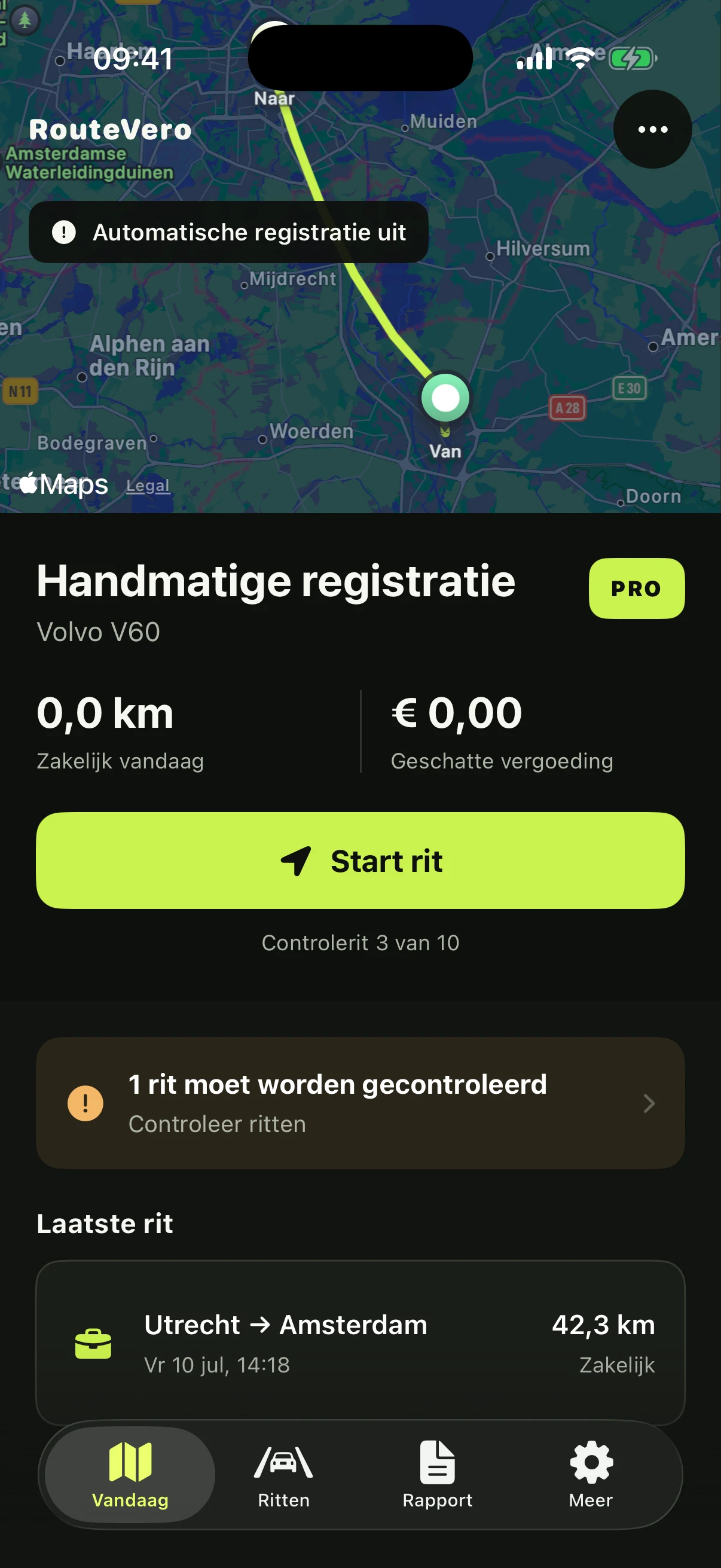 RouteVero Vandaag-scherm met een zakelijke rit van Utrecht naar Amsterdam