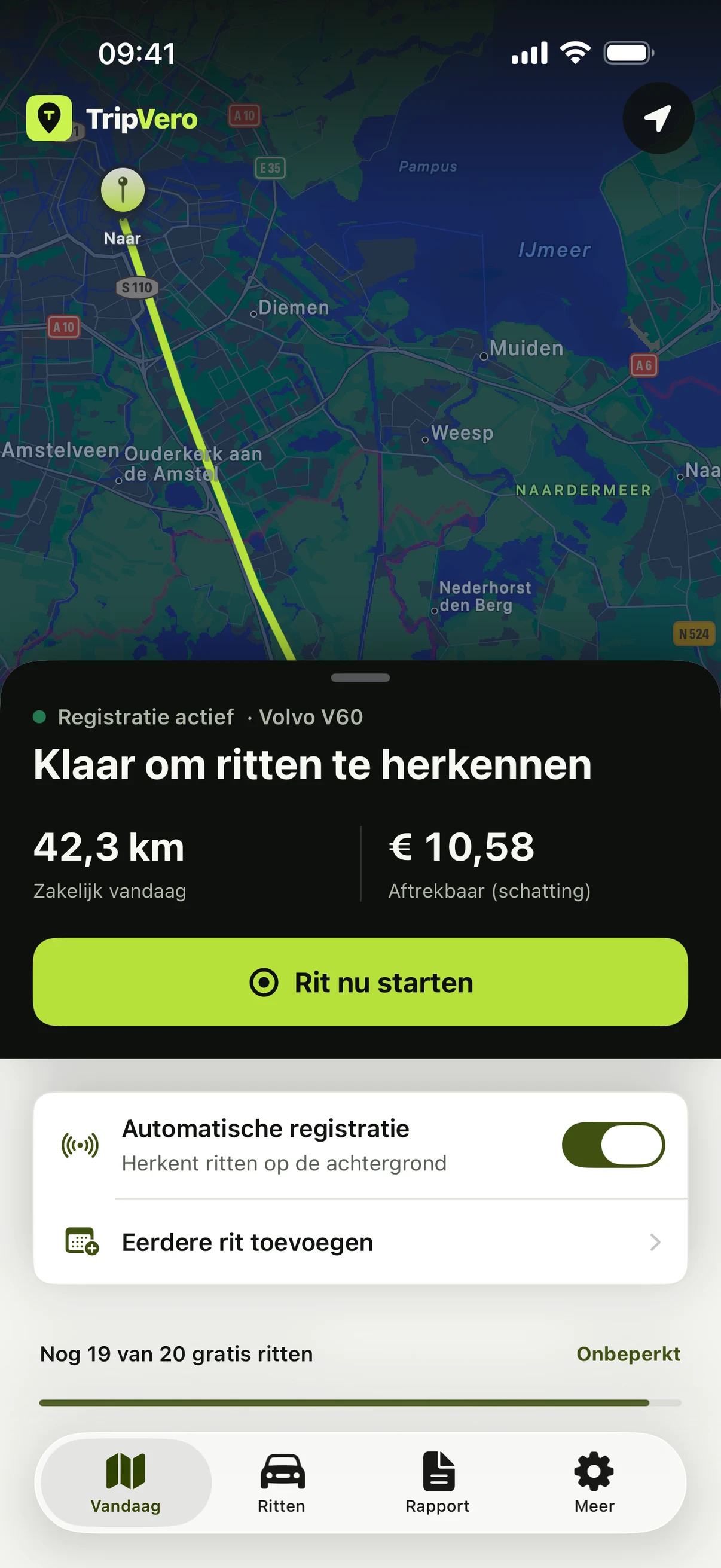 TripVero Today screen showing a completed business drive