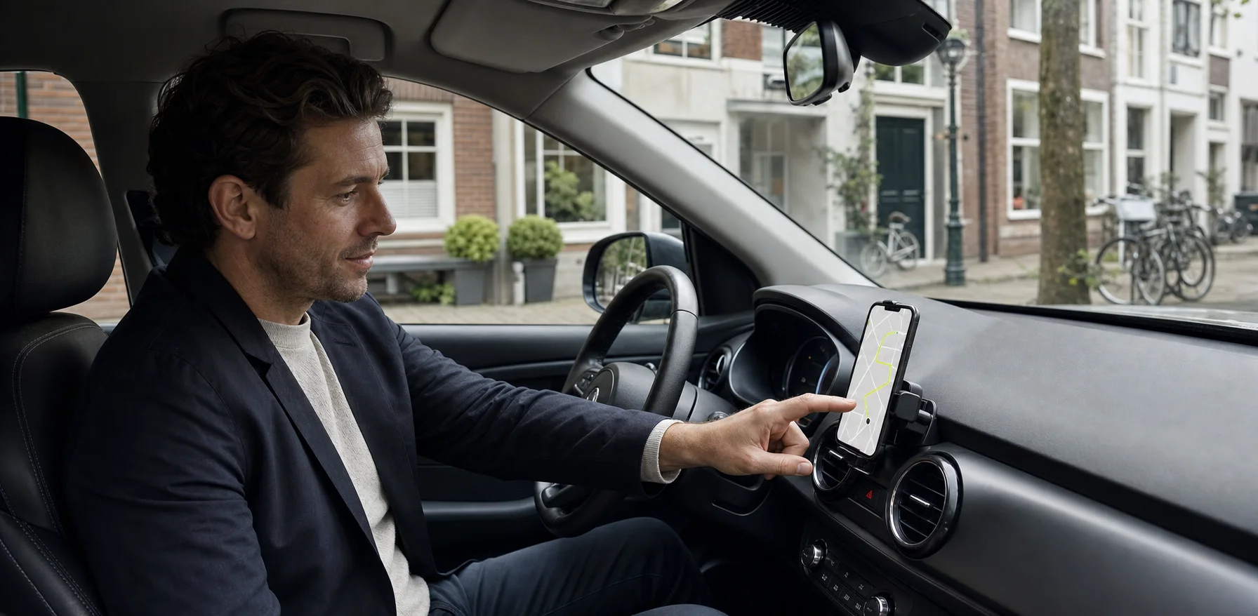 Ondernemer controleert een zakelijke route in een geparkeerde auto